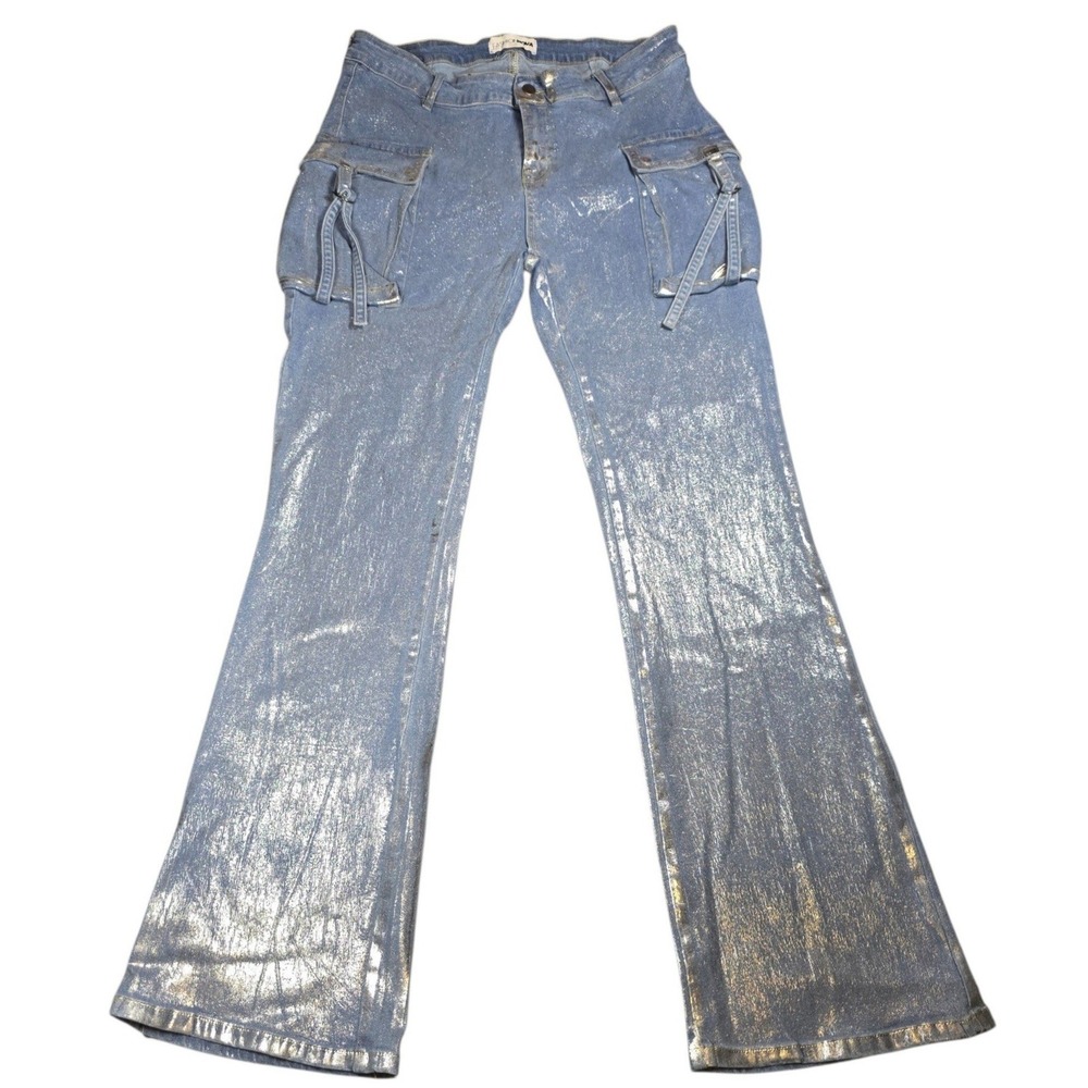 Fashion Nova Womens Silver Metallic Foil Cargo Flare Jeans Medium Wash Size 14